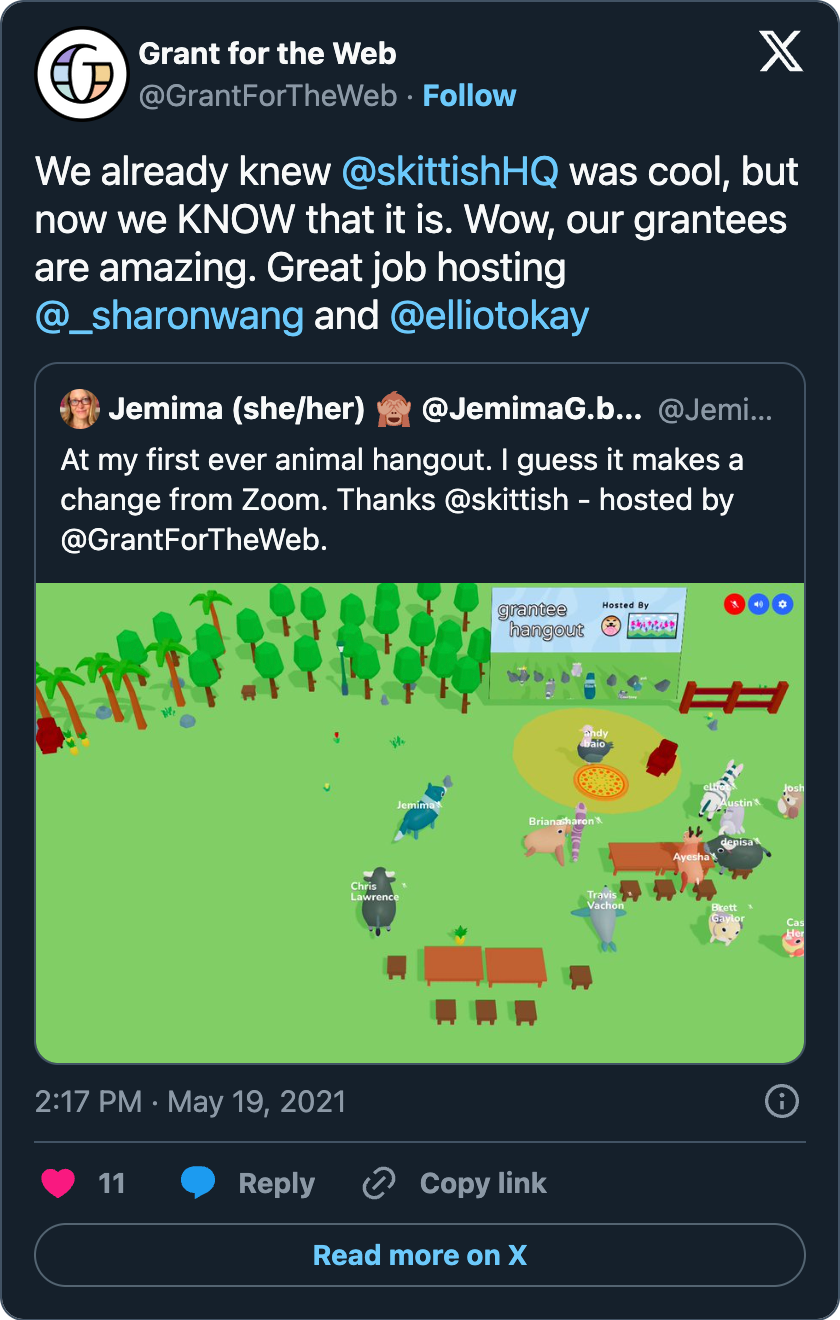 Grant For the Web tweet about Skittish community hangout